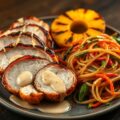 Kalkoenbiefstukjes met gegrilde ananas en gembersaus