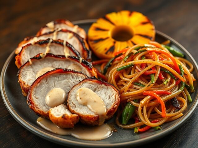 Kalkoenbiefstukjes met gegrilde ananas en gembersaus