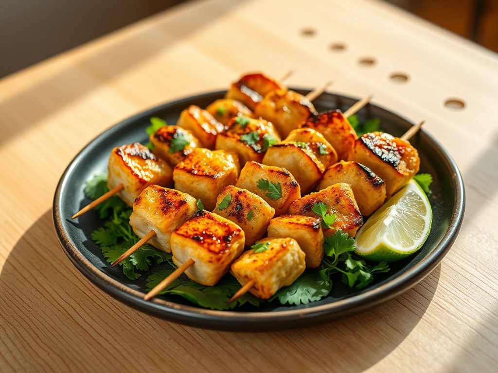 Kalkoenbrochettes met curry, AI-gegenereerde illustratie