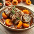 Kalkoenfilet gestoofd in geuze met abrikozen