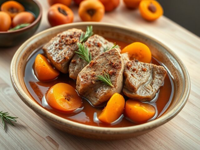 Kalkoenfilet gestoofd in geuze met abrikozen