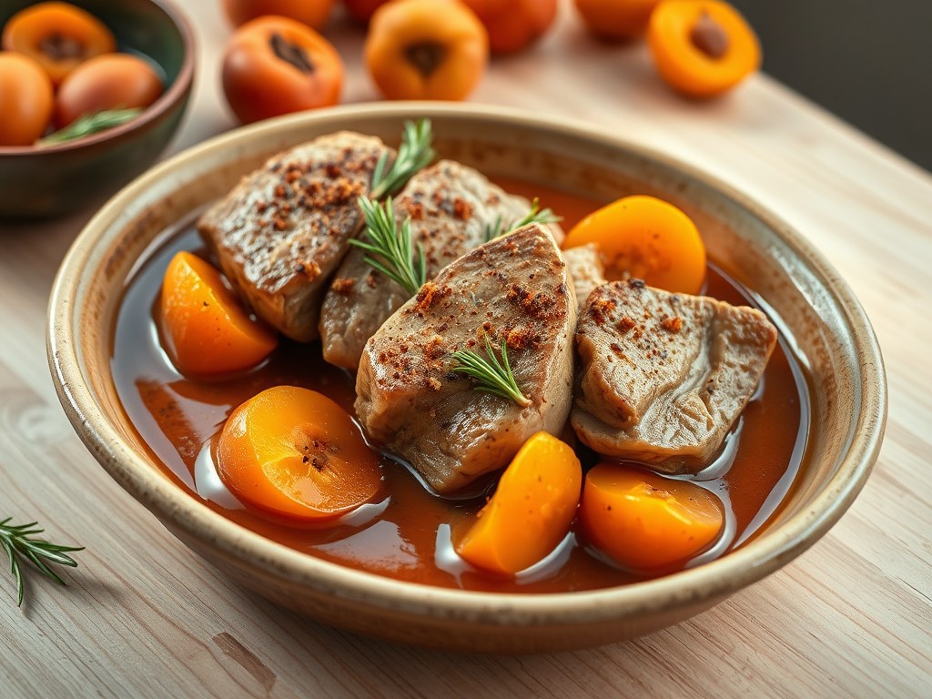 Kalkoenfilet gestoofd in geuze met abrikozen, AI-gegenereerde illustratie