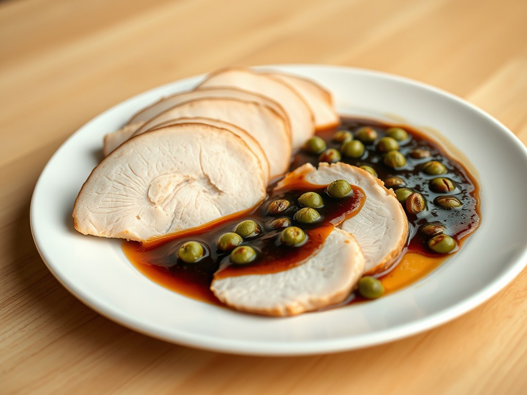 Kalkoenfilet met cognac portsaus en groene pepertje, AI-gegenereerde illustratie