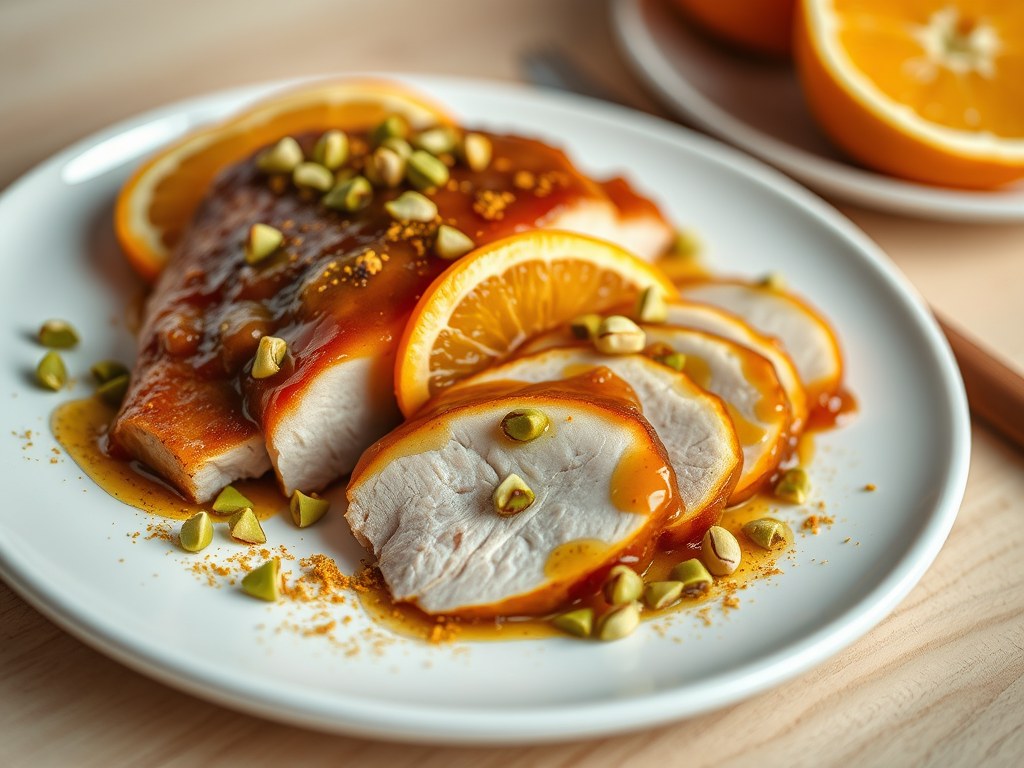 Kalkoenfilet met sinaasappel en pistachenoten, AI-gegenereerde illustratie