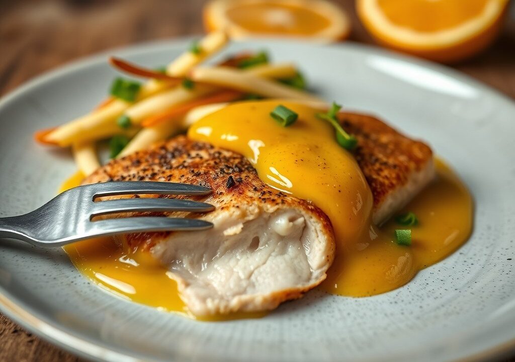 Kalkoenfilet met witloof en sinaasappelsaus, AI-gegenereerde illustratie