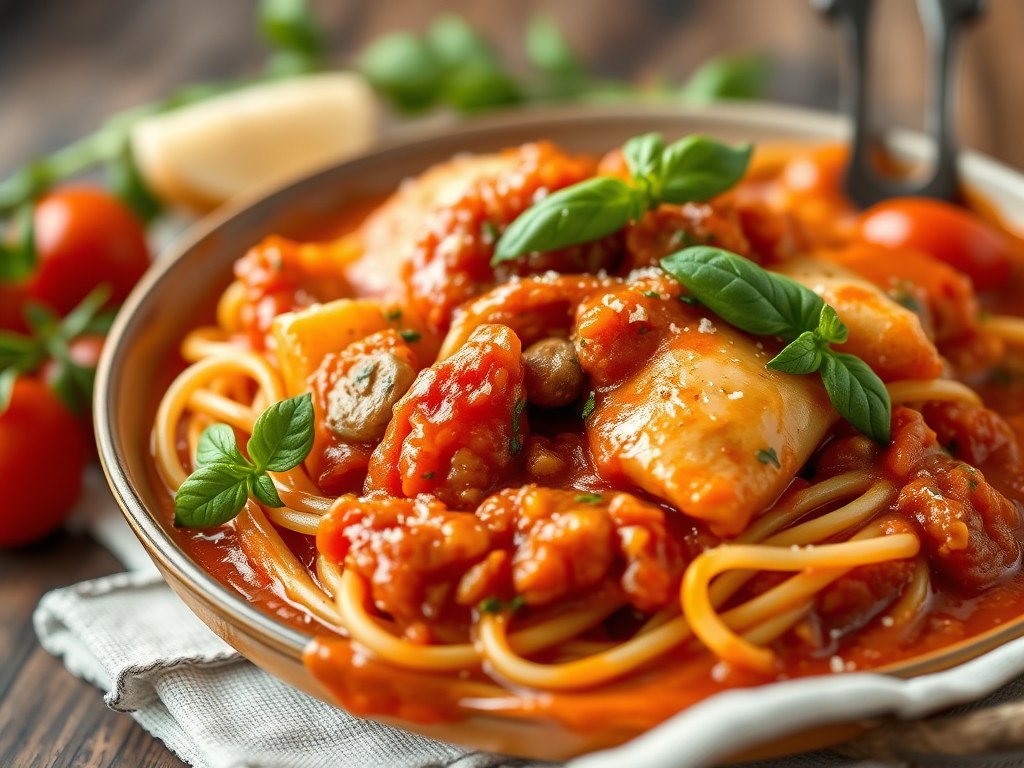 Kalkoenreepjes in Italiaanse tomatensaus, AI-gegenereerde illustratie