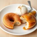 Kaneeldonuts met perencompote en vanille ijs