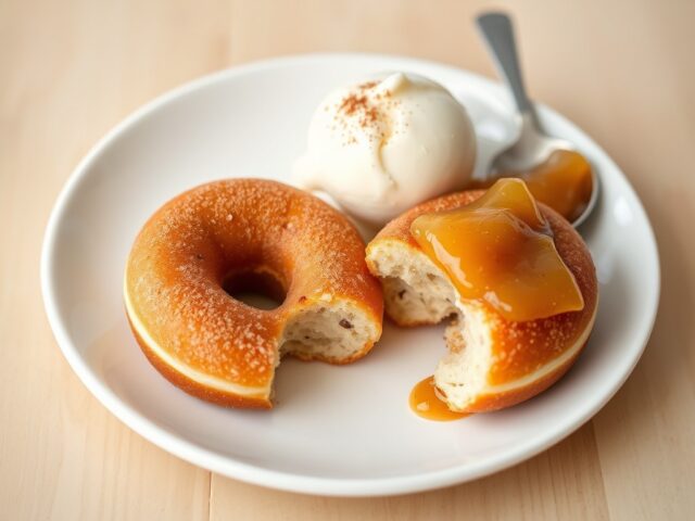 Kaneeldonuts met perencompote en vanille ijs