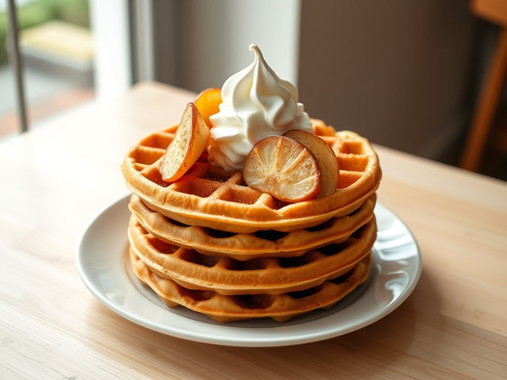 Kaneelwafels met appel en vanille-ijs, AI-gegenereerde illustratie