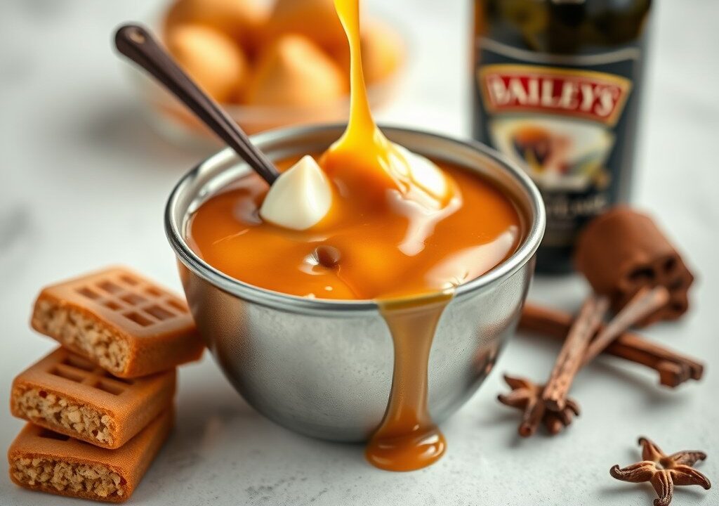 Karamelfondue met vanille en baileys — AI-gegenereerde illustratie