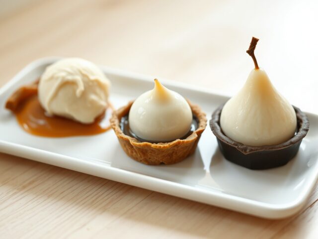 Karamelroomijs, chocoladetaartje en perenmousse