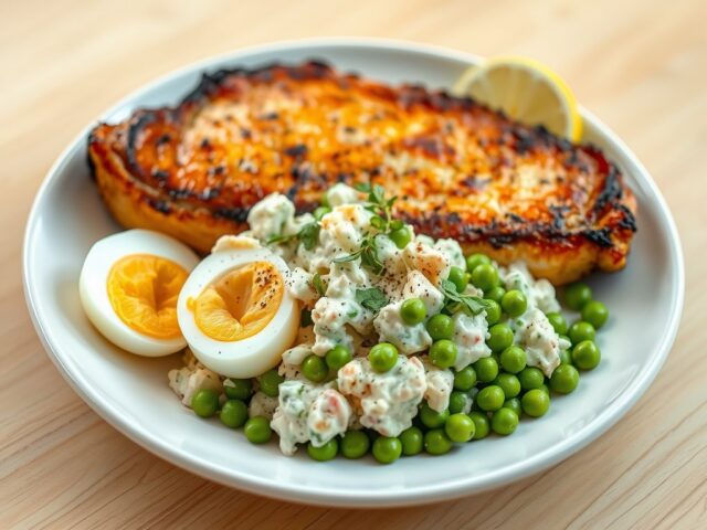 Karbonade met krabsalade, een gekookt eitje en dra