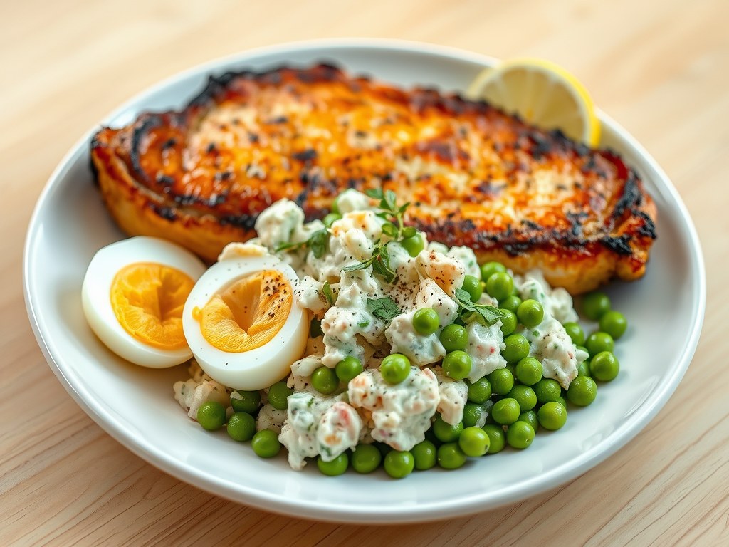 Karbonade met krabsalade, een gekookt eitje en dra, AI-gegenereerde illustratie