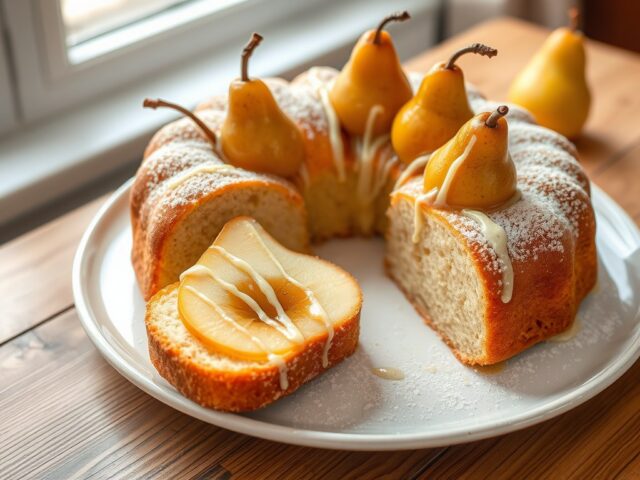 Kardemomcake met hele gepocheerde peren en witte chocolade