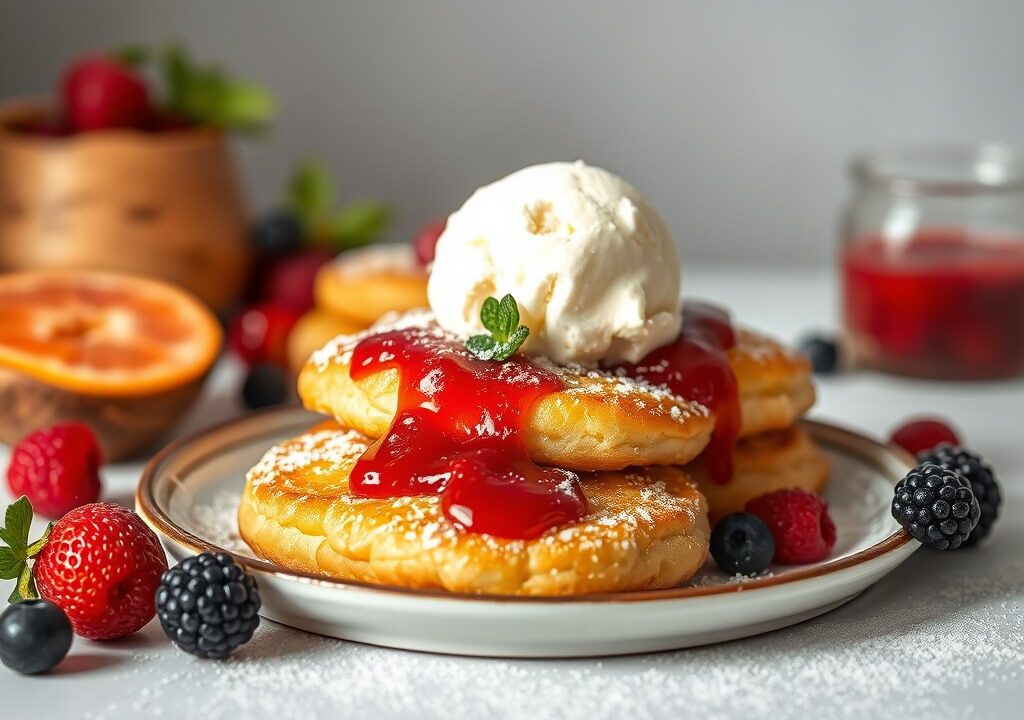 Karnemelkpannenkoekjes met fruitsalade en ijs., AI-gegenereerde illustratie