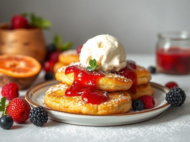 Karnemelkpannenkoekjes met fruitsalade en ijs. — AI-gegenereerde illustratie