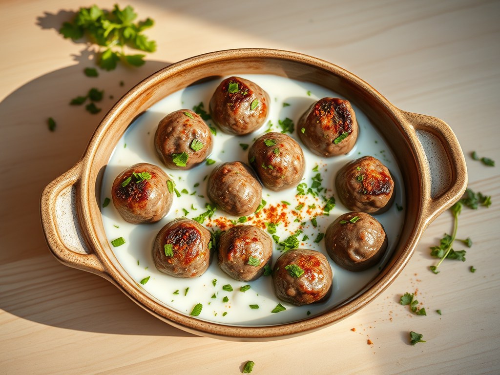 Kefta bel matischa – Gehaktballetjes in yoghurtsaus, AI-gegenereerde illustratie