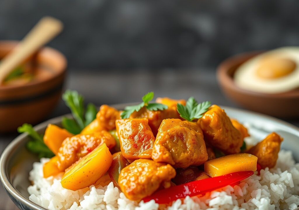 Kerrienasi met kip-ananas-paprika saté, AI-gegenereerde illustratie