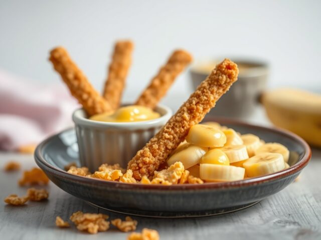 Kerrievissticks en banaansaus — AI-gegenereerde illustratie