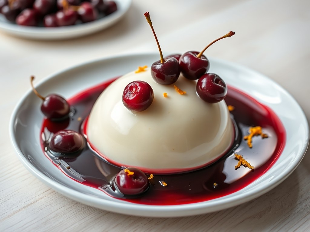 Kersenbavarois met kriekbiersaus, AI-gegenereerde illustratie