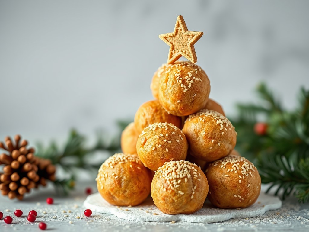 Kerstboom van broodbolletjes, AI-gegenereerde illustratie