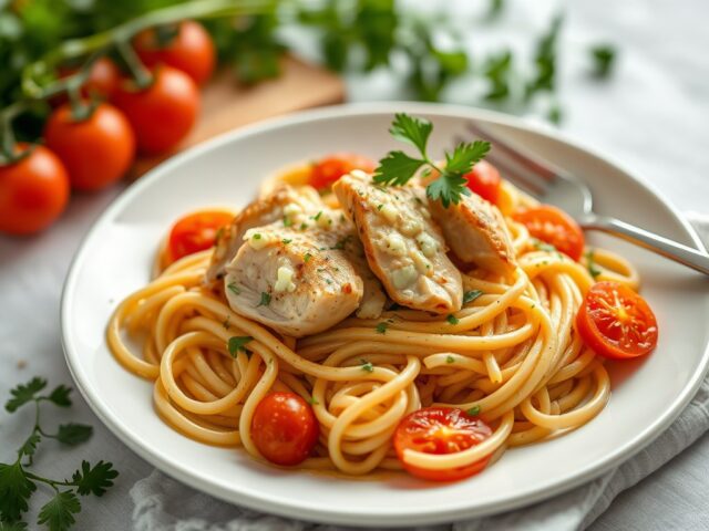 Kerstpasta met kip en gorgonzolasaus