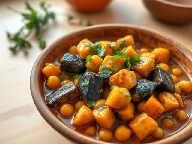 Kikkererwten, zoete aardappel en Afrikaanse auberg