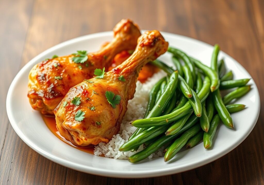 Kip drumsticks met Moksimarinade en sperziebonen — AI-gegenereerde illustratie