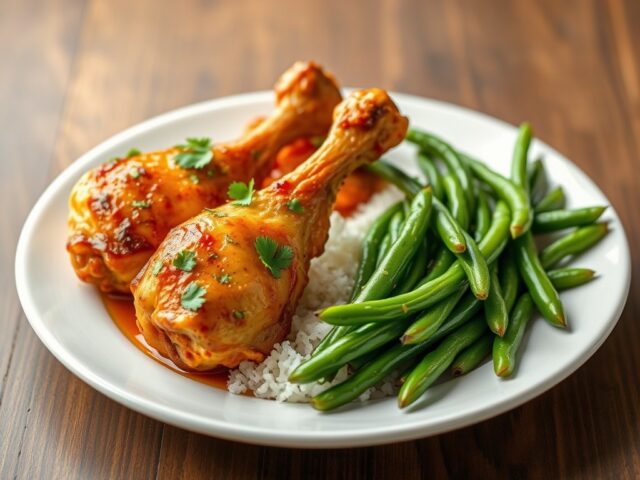 Kip drumsticks met Moksimarinade en sperziebonen — AI-gegenereerde illustratie