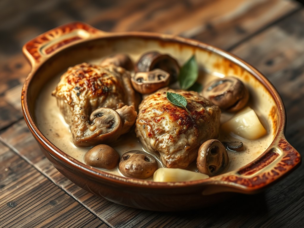 Kip en champignons in geuzebier, AI-gegenereerde illustratie