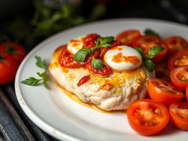 Kip gevuld met mozarella uit de oven — AI-gegenereerde illustratie