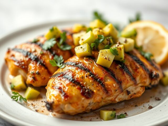 Kip-Grill met avocado-sinaasappelsalade — AI-gegenereerde illustratie