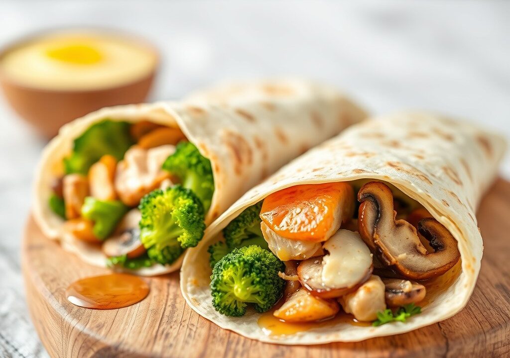 Kip-groenten wrap met honing-mosterd(voor 6 wraps), AI-gegenereerde illustratie