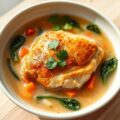 Kip in een groentebouillon met kokos en spinazie