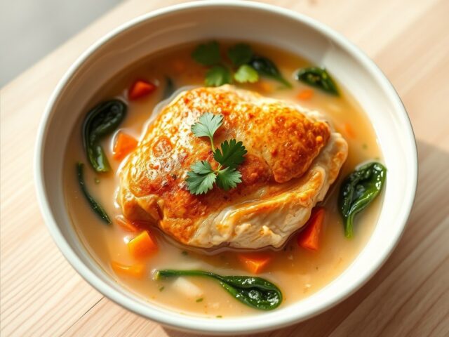 Kip in een groentebouillon met kokos en spinazie