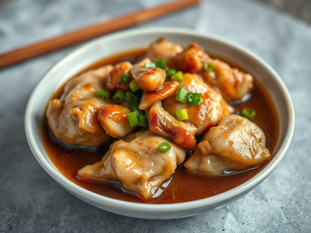 Kip in oestersaus met paksoi van Ching-He Huang, AI-gegenereerde illustratie