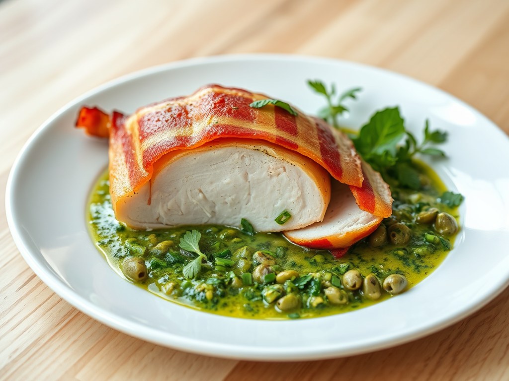 Kip in Spek met Salsa Verde, AI-gegenereerde illustratie