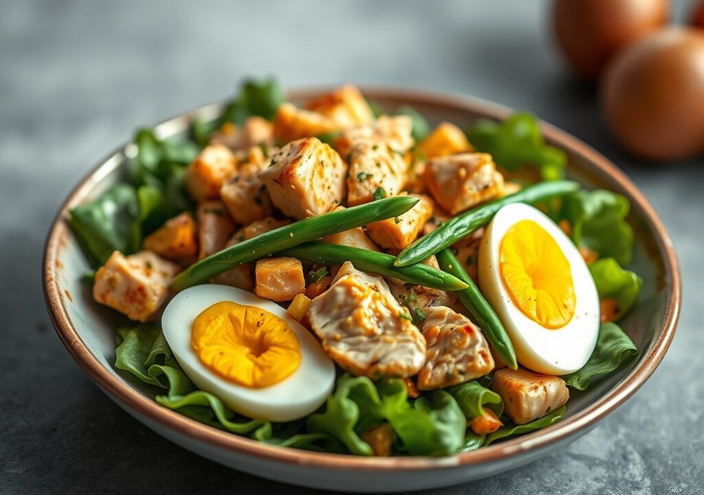 Kip-kerrie maaltijd salade, AI-gegenereerde illustratie