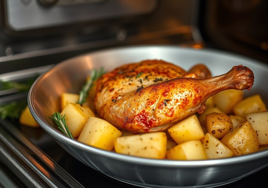 Kip met aardappels in de oven, AI-gegenereerde illustratie