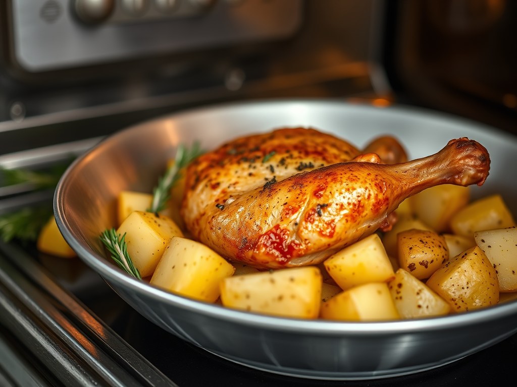 Kip met aardappels in de oven, AI-gegenereerde illustratie