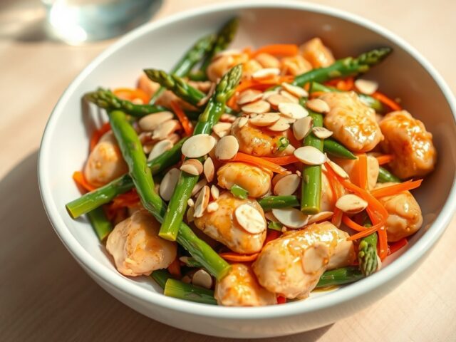 Kip met amandelen en groene asperges