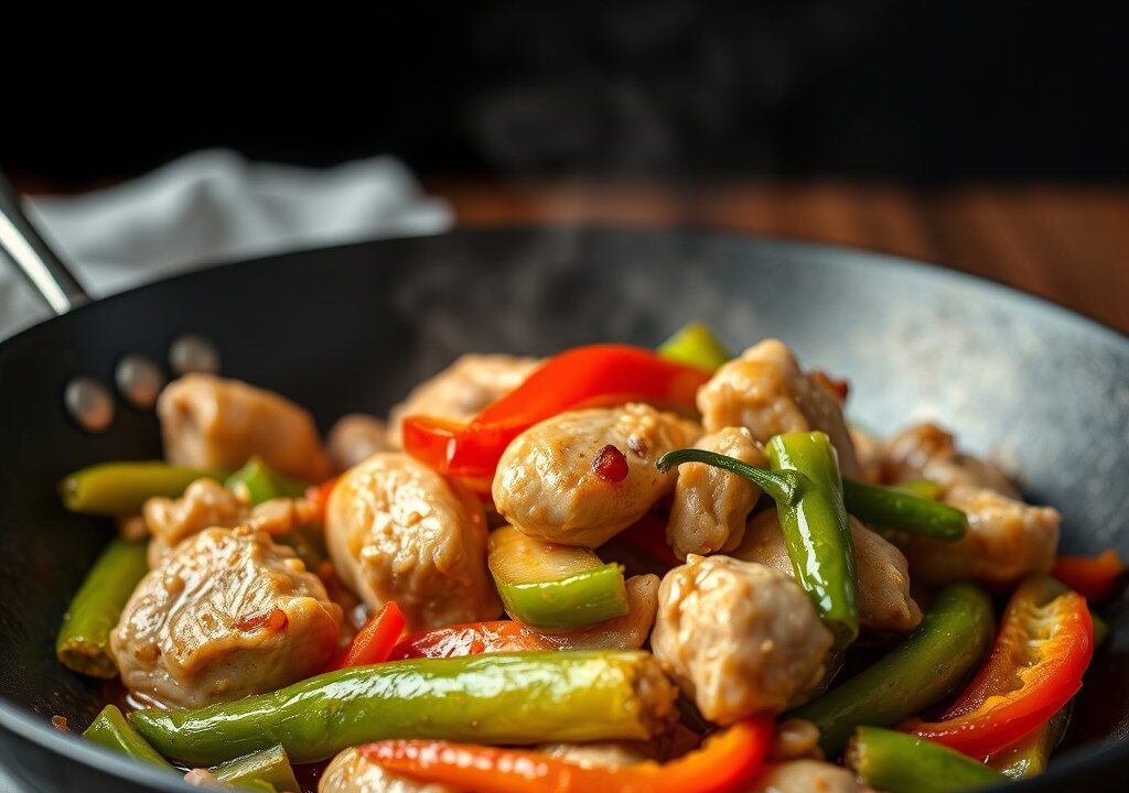 Kip met bosuitjes en paprika, AI-gegenereerde illustratie