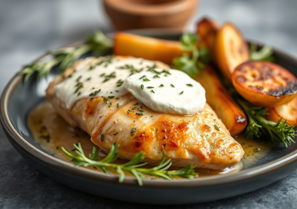 Kip met brie en oregano, AI-gegenereerde illustratie