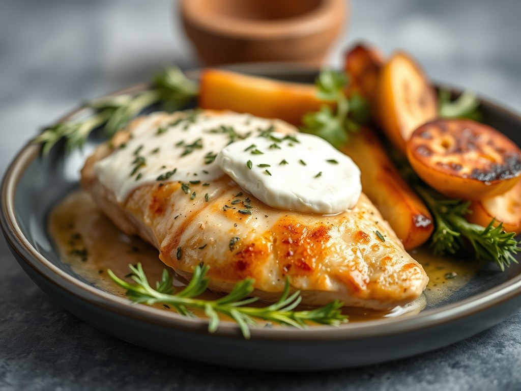Kip met brie en oregano, AI-gegenereerde illustratie