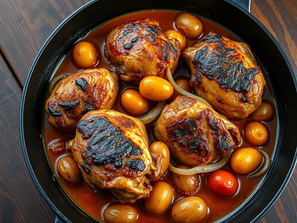 Kip met chorizo en sinaasappel, AI-gegenereerde illustratie