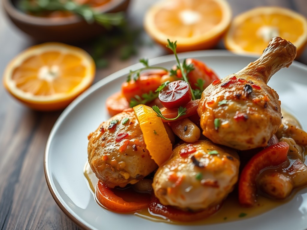 Kip met chorizo en sinaasappel, AI-gegenereerde illustratie