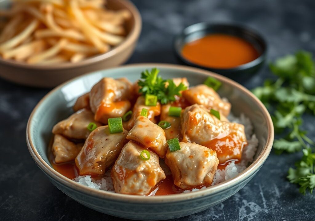 Kip met gon-bao saus, AI-gegenereerde illustratie