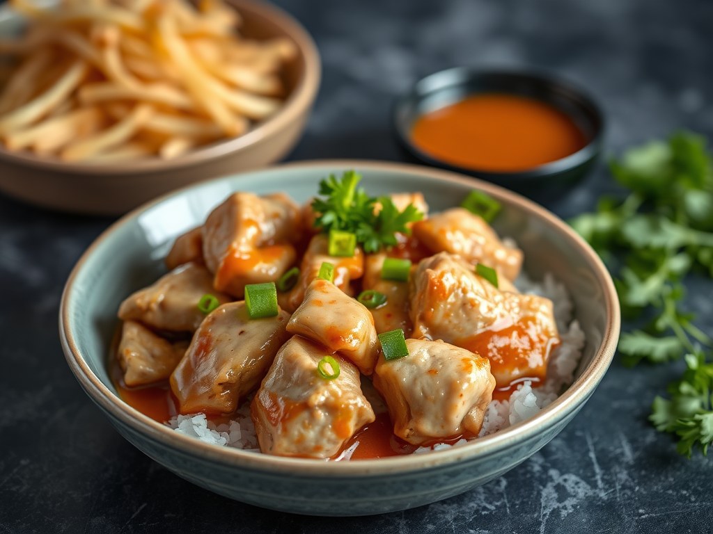 Kip met gon-bao saus, AI-gegenereerde illustratie