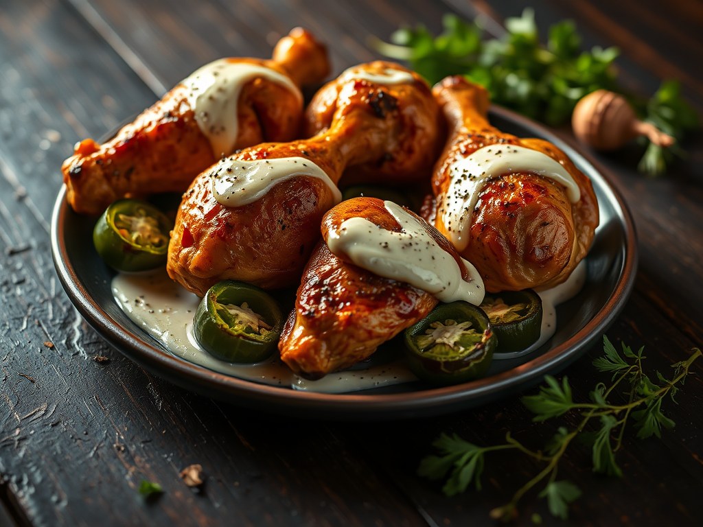 Kip met jalapeñopepers en roomkaas, AI-gegenereerde illustratie
