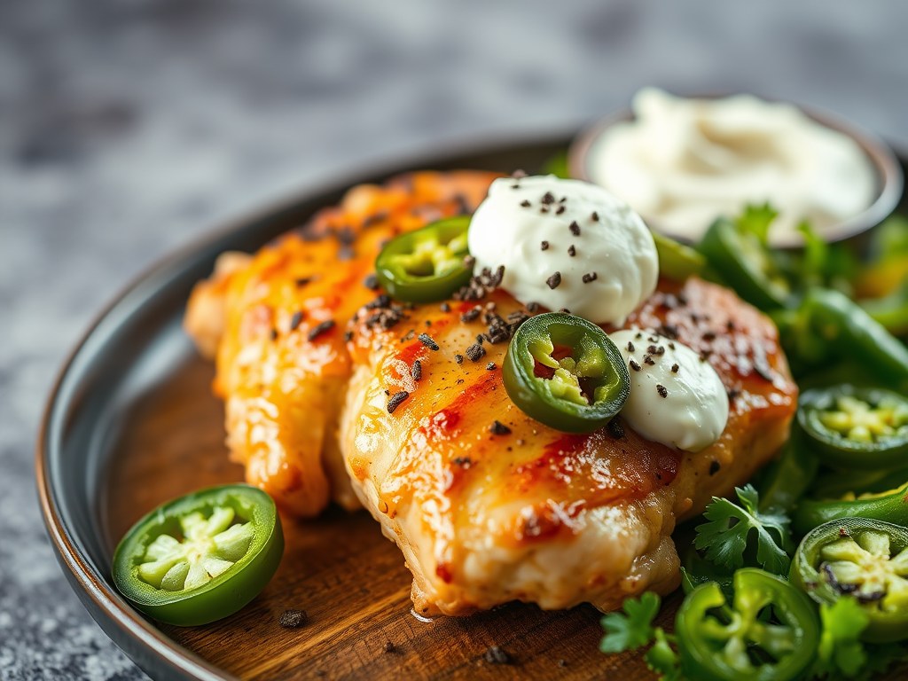 Kip met jalapeñopepers en roomkaas, AI-gegenereerde illustratie